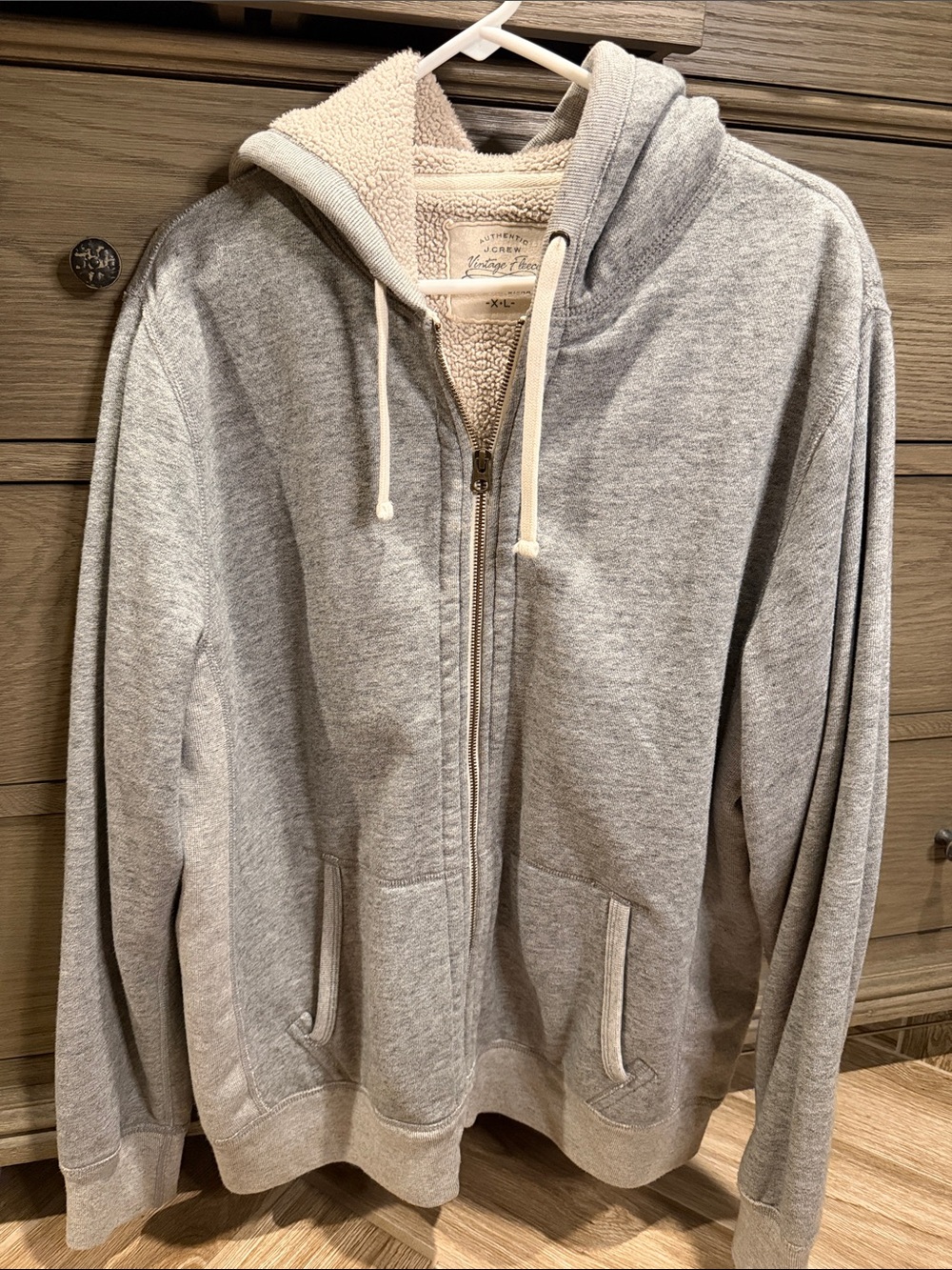 J. Crew Men's Light Gray Zip-Up Hoodie with Cream Sherpa Lining